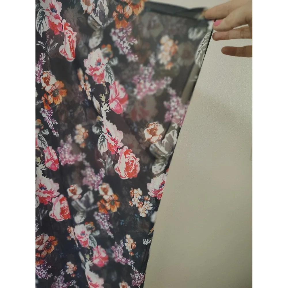 Hibluco Floral Kimono Cardigan Sheer Chiffon Lace Trim Cover Up Black‎ XL